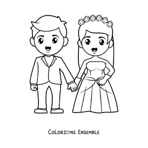 Image à colorier d’une mariée en robe et d’un marié à leur mariage