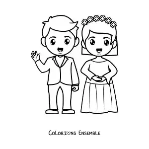 Image à colorier d’un mariage en dessin animé
