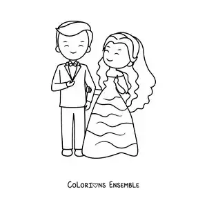 Image à colorier d’un couple en dessin animé le jour de leur mariage