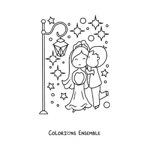 Image à colorier d’un tendre couple le jour de leur mariage avec des étoiles
