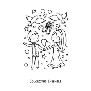 Image à colorier d’un tendre couple en dessin animé à leur mariage avec des cœurs et des colombes