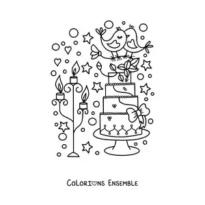 Image à colorier d’un beau gâteau de mariage en dessin animé