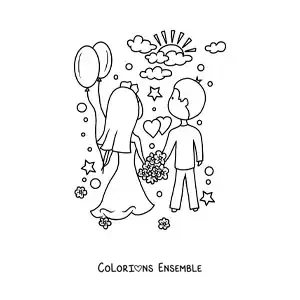 Image à colorier d’un couple de jeunes mariés le jour de leur mariage avec des cœurs et des fleurs