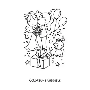 Image à colorier d’un couple en dessin animé à leur mariage avec des cadeaux