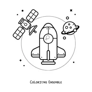 Image à colorier d'une fusée dans l'espace, à côté d'un satellite et d'une planète