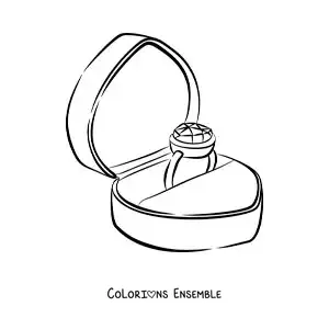 Image à colorier d’une bague de fiançailles dans une boîte en forme de cœur