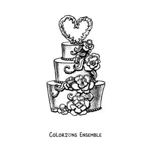 Image à colorier d’un gâteau de mariage réaliste avec des fleurs