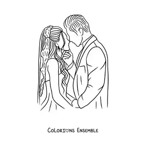 Image à colorier d’un baiser des mariés à leur mariage