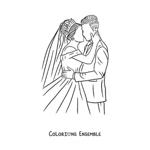 Image à colorier de mariés s’embrassant à leur mariage