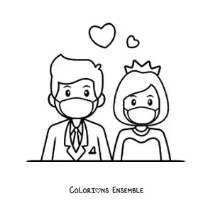 Image à colorier d’un mariage en quarantaine en dessin animé