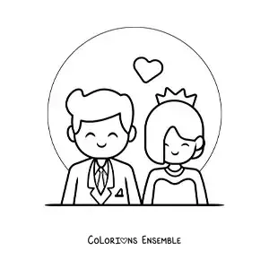 Image à colorier d’un couple heureux en dessin animé à leur mariage avec des cœurs