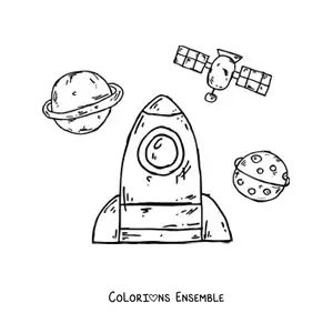 Image à colorier d'une fusée toute mignonne dans l'espace