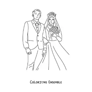 Dessin à colorier d’un beau couple de mariés, la mariée portant un hijab, le jour de leur mariage