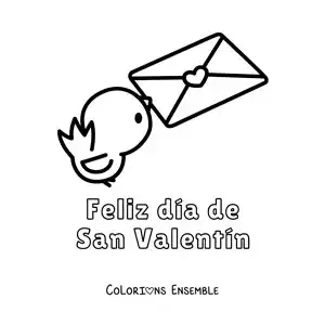 Dessin à colorier d’un oiseau tenant une lettre d’amour avec la phrase « Joyeuse Saint-Valentin »