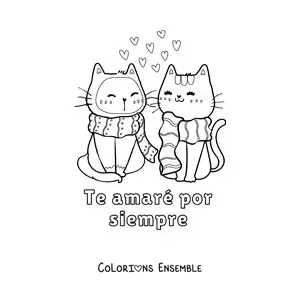 Dessin à colorier de deux chats amoureux avec la phrase « Je t’aimerai pour toujours »