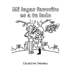 Dessin à colorier d’un couple sous un arbre avec la phrase « Mon endroit préféré est à tes côtés »
