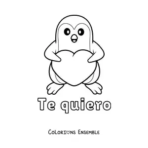 Dessin à colorier d’un pingouin tenant un cœur avec la phrase « Je t’aime »