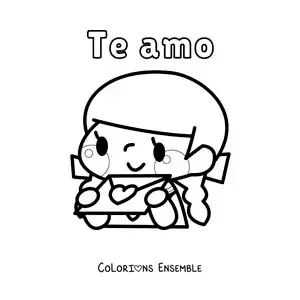 Dessin à colorier d’une fille tenant une lettre d’amour avec la phrase « Je t’aime »