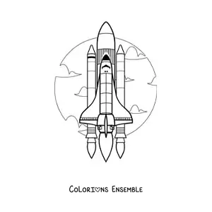 Image à colorier d'une fusée spatiale réaliste qui décolle vers le ciel