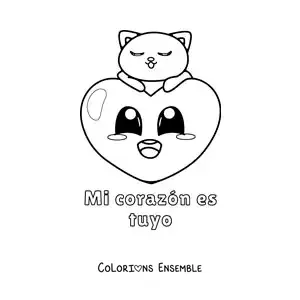 Dessin à colorier d’un chat tenant un cœur avec la phrase « Mon cœur est à toi »