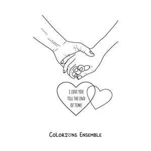 Dessin à colorier de mains entrelacées avec la phrase en anglais « I love you till the end of time »
