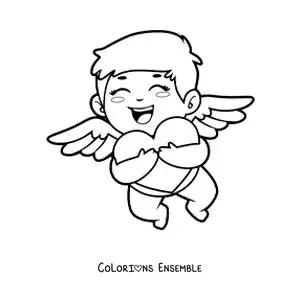 Dessin à colorier de Cupidon serrant un cœur dans ses bras