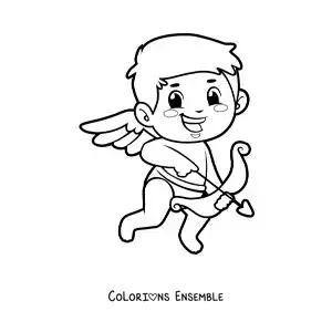 Dessin à colorier d’un Cupidon de dessin animé avec un arc et une flèche