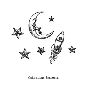 Image à colorier d'une fusée toute mignonne qui arrive sur la Lune