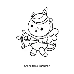 Dessin à colorier d’une licorne de dessin animé déguisée en Cupidon en train de tirer une flèche