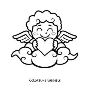 Dessin à colorier d’un Cupidon de dessin animé avec un cœur, posé sur un nuage