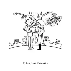 Dessin à colorier de Cupidon perçant d’une flèche un couple amoureux