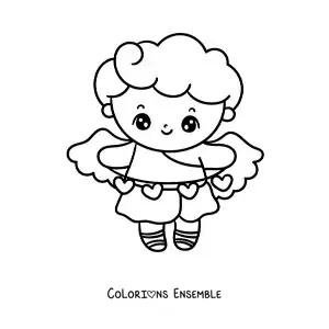 Dessin à colorier d’un Cupidon de dessin animé entouré de cœurs