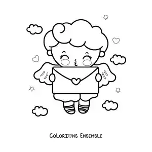Dessin à colorier d’un ange Cupidon de dessin animé tenant une lettre d’amour