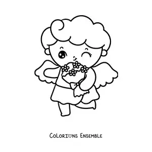 Dessin à colorier d’un ange Cupidon de dessin animé tenant un bouquet de fleurs