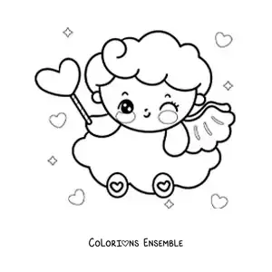 Dessin à colorier d’un ange Cupidon de dessin animé avec un cœur, posé sur un nuage