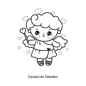 Dessin à colorier d’un ange Cupidon de dessin animé tenant un cœur