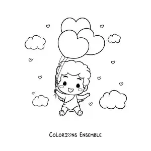 Dessin à colorier d’un drôle de bébé Cupidon de dessin animé avec des ballons en forme de cœur
