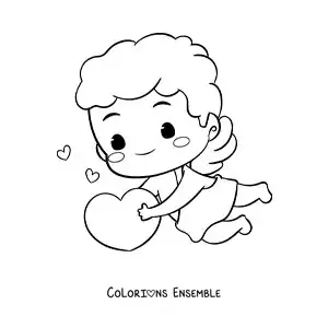 Dessin à colorier d’un mignon bébé Cupidon de dessin animé entouré de cœurs
