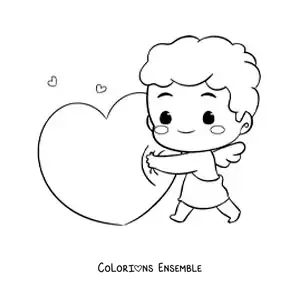 Dessin à colorier d’un mignon bébé Cupidon de dessin animé serrant un cœur dans ses bras