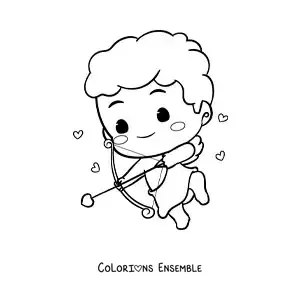 Dessin à colorier d’un mignon bébé Cupidon de dessin animé en train de tirer une flèche