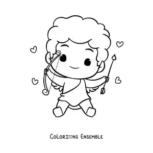 Dessin à colorier d’un mignon bébé Cupidon assis, entouré de cœurs