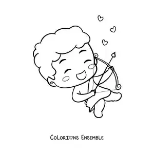 Dessin à colorier d’un mignon bébé Cupidon rigolo avec un arc et une flèche