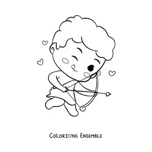 Dessin à colorier d’un mignon bébé Cupidon rigolo en train de tirer une flèche