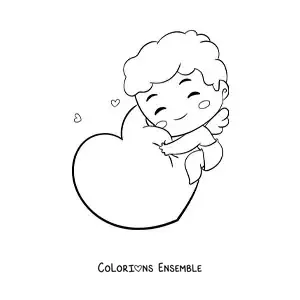 Dessin à colorier d’un mignon bébé Cupidon rigolo serrant un cœur dans ses bras