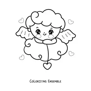 Dessin à colorier d’un mignon bébé Cupidon de dessin animé posé sur un nuage