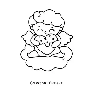 Dessin à colorier d’un mignon bébé Cupidon de dessin animé avec un biscuit en forme de cœur