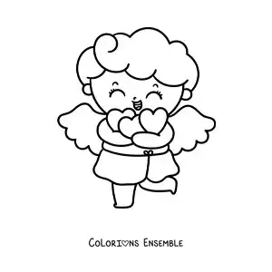 Dessin à colorier d’un mignon bébé Cupidon entouré de cœurs