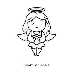 Dessin à colorier d’un ange Cupidon volant en tenant un cœur