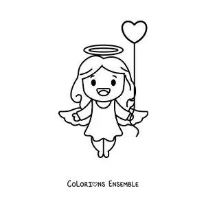 Dessin à colorier d’un Cupidon de dessin animé avec un ballon en forme de cœur