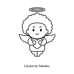 Dessin à colorier d’un Cupidon de dessin animé tenant un cœur